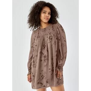 Wilfred Women's Floral Smocked Eden Mini Dress Long Sleeve Slate Gray/Brown SZ L